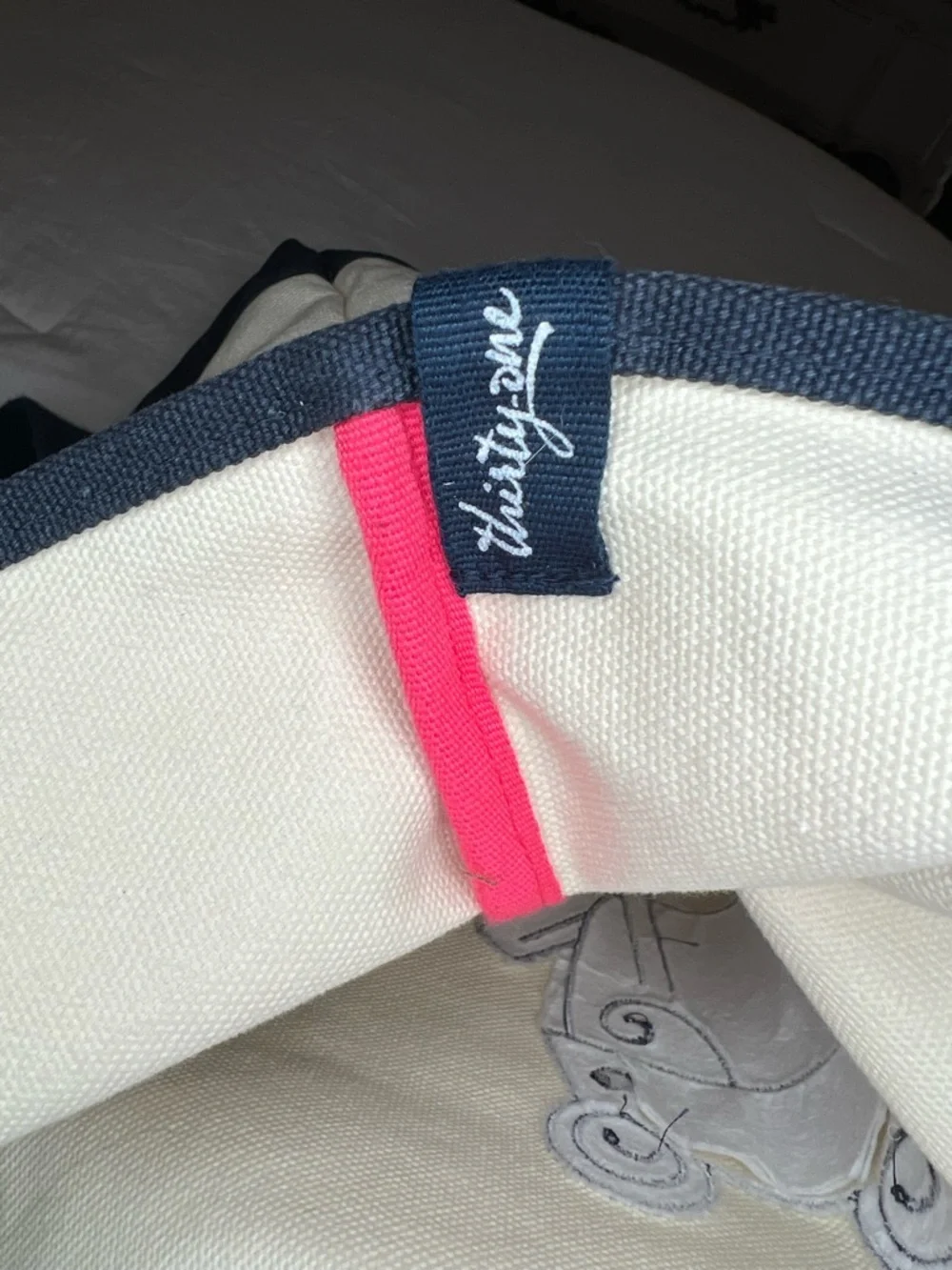 Canvas Crew Tote Bag by Thirty One Navy Cream Large Embroidered Frog